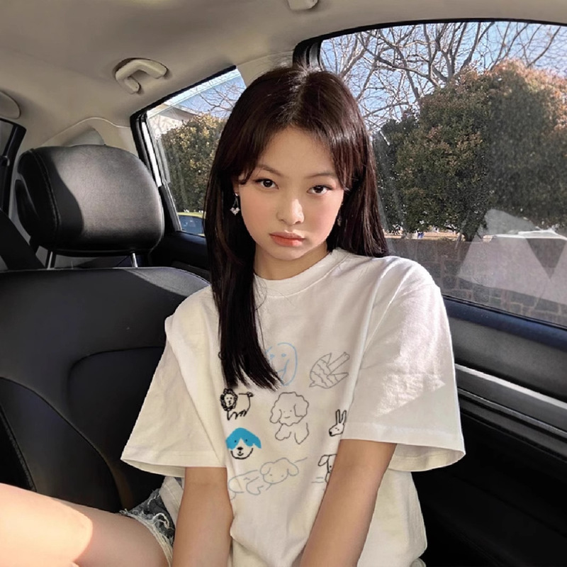 Pure Cotton White Shoulder Short-sleeved T-shirt Women's 2025 New Design Sense Niche American Fashion Brand Cartoon Half-sleeved Top