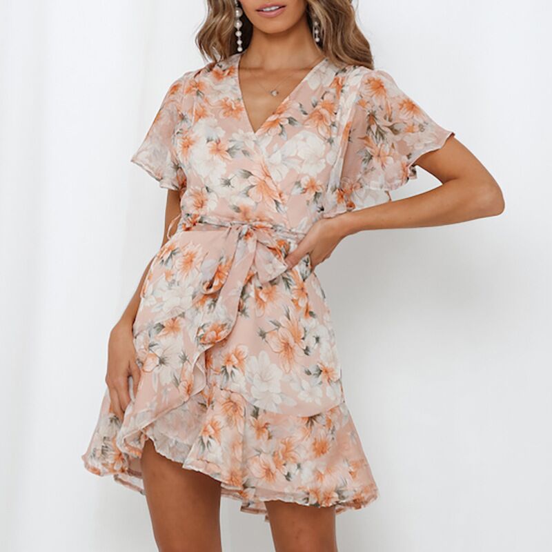 new V-neck lace-up printed ruffle dress NSAXE61721