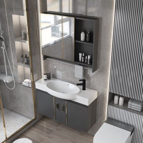 Small apartment space-saving aluminum bathroom cabinet set, small size narrow edge corner sink basin, balcony bathroom face basin