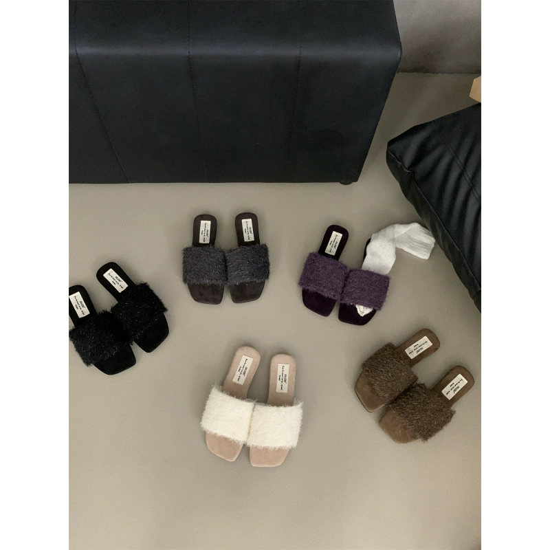 Плоская подошва французская меха туфли носят женские туфли осенью и зимой 2024 новый удобный простой дикий мягкий фон тапочки