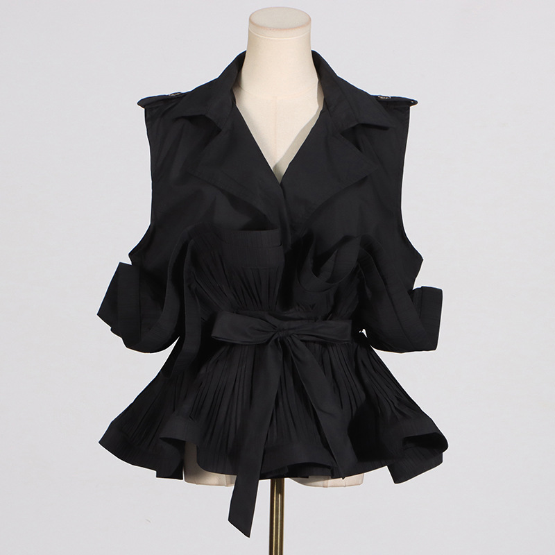 Women's Clothing Spring and Summer New Fashion Temperament Khaki V neck Pleated Splicing Design Sleeveless Lace up Women's Shirt_voghion.com