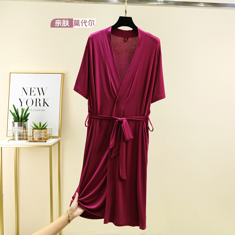 Short-sleeved Modal Nightgown Summer Mid-length Waisted Cardigan Nightgown plus size Slimming Nightgown Home Ice Silk Bathrobe