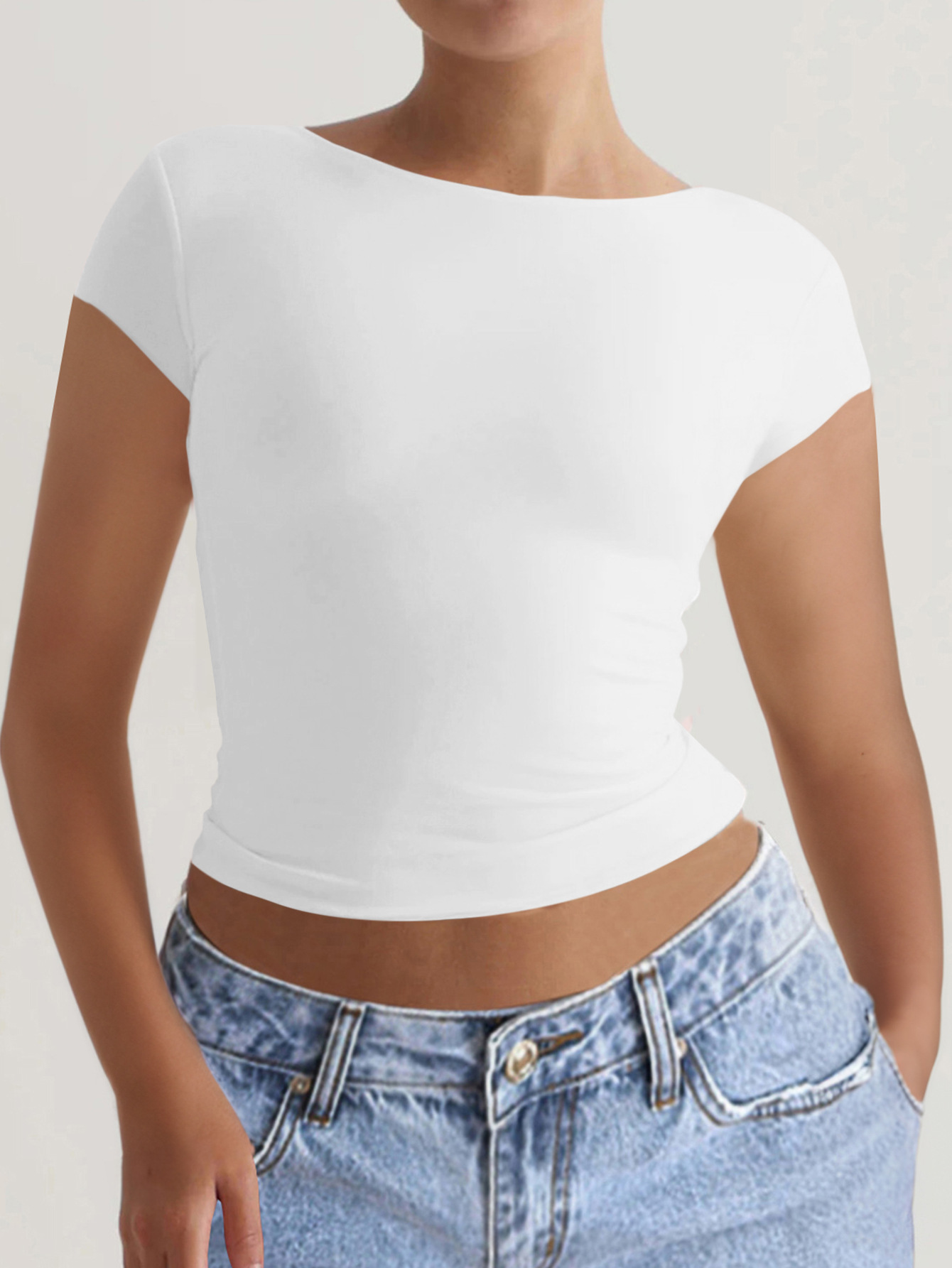 91g Weight Short Sleeve Sleeve Length Pullovers Placket Type Regular Sleeve Sleeve Type Spandex, Viscose fiber Fabric Type Regular Top Length T-shirt Tops Type Daily Occasion Round Neck Neckline Comfort Function Slim Fit Type Solid Color Pattern 2025 Spring and Summer Season Women's Gender Backless Design Streetwear Style Wholesale Women's Streetwear Solid Color Short Sleeve Backless T-Shirts 无