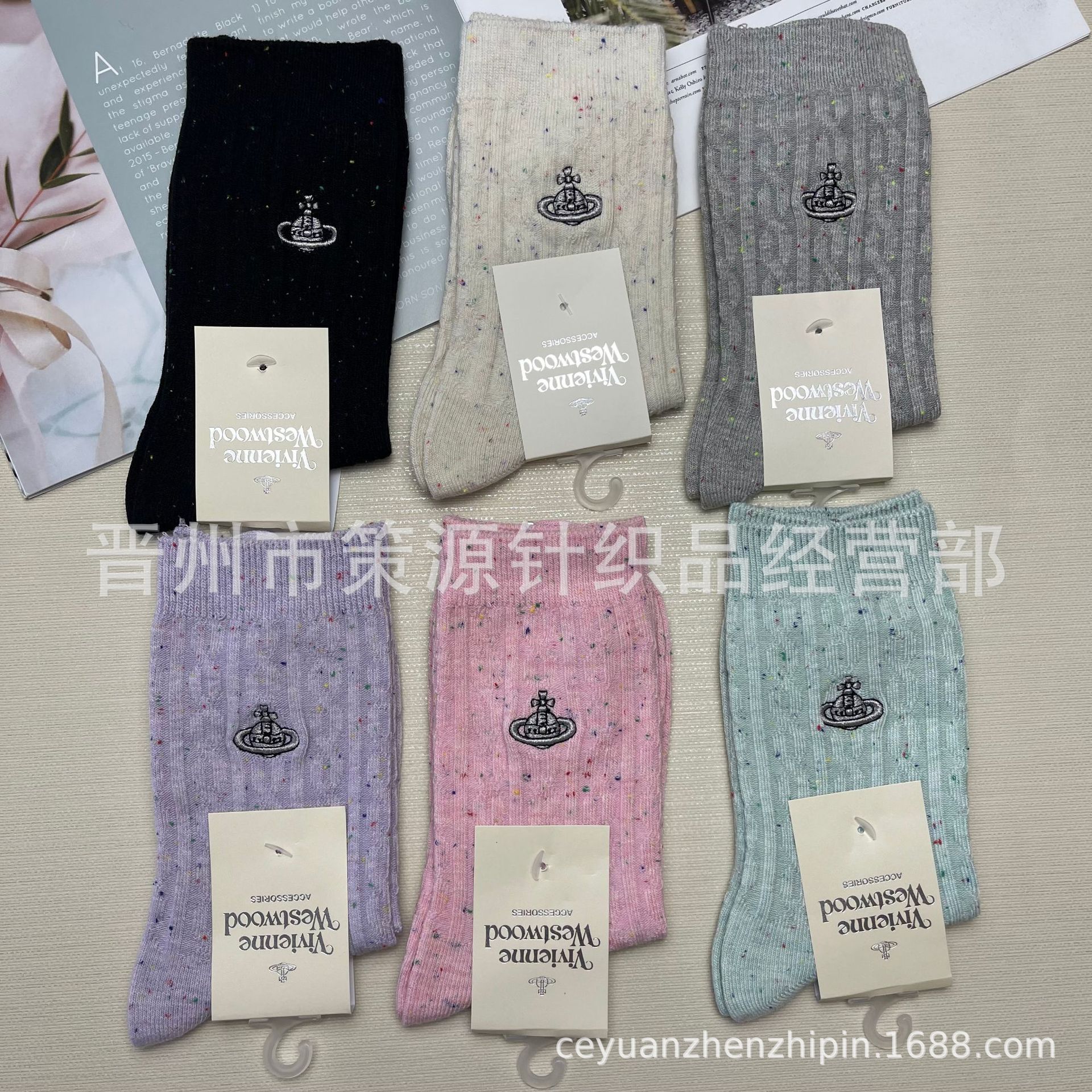出口日本西太后土星標刺繡雙針坑條復古中筒女襪時尚點紗彩色潮襪