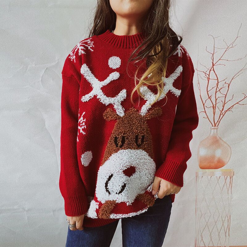 2025 Cross-Border Amazon Autumn and Winter New Loose Elk Snowflake Flocked Jacquard Round Neck Knitted Sweater Pullover