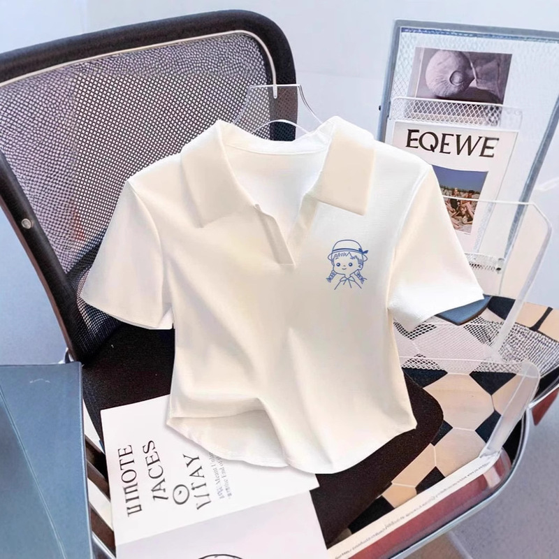 Threaded Cotton White Polo Lapel Right Shoulder Short-Sleeved T-Shirt for Women Summer French Style V Neck Short Versatile Top for Women