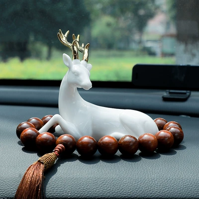 Car Interior Decorations Center Console High-End Car Car Decorations Safe Journey Deer Girls Men New High-End (Car ornaments) - send-anti-skid-mat-lie-deer-curry-color-wooden-gear-beads
