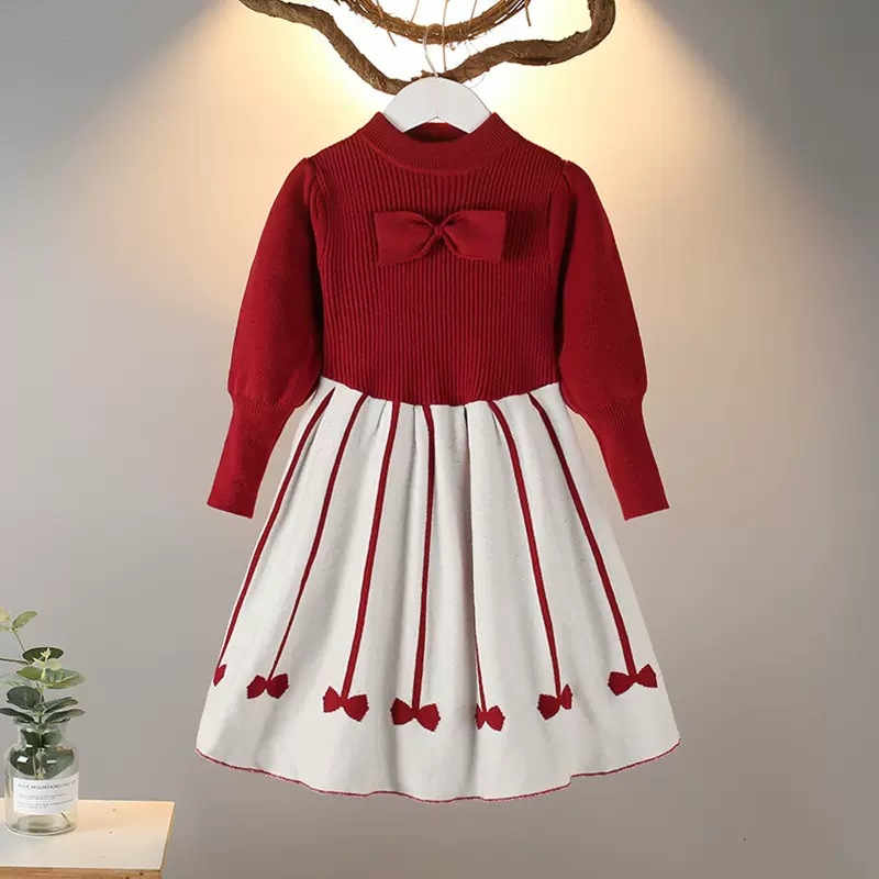 女童毛衣裙新款冬装儿童时髦红色公主裙中大童女孩裙子洋气新年装