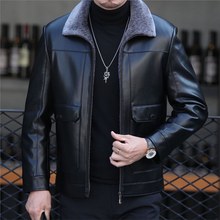 海宁皮衣加绒加厚男中年羊皮纹皮毛一体皮衣服秋冬季皮草外套爸爸