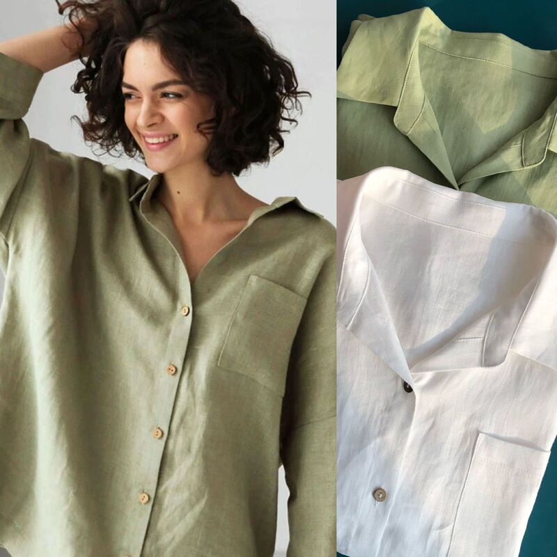 French-Style Fresh, Simple, and Basic Lazy Lapel Loose-Fit Solid Color Linen Button-Down Shirt French-Style Fresh, Simple, and Basic Lazy Lapel Loose-Fit Solid Color Linen Button-Down Shirt