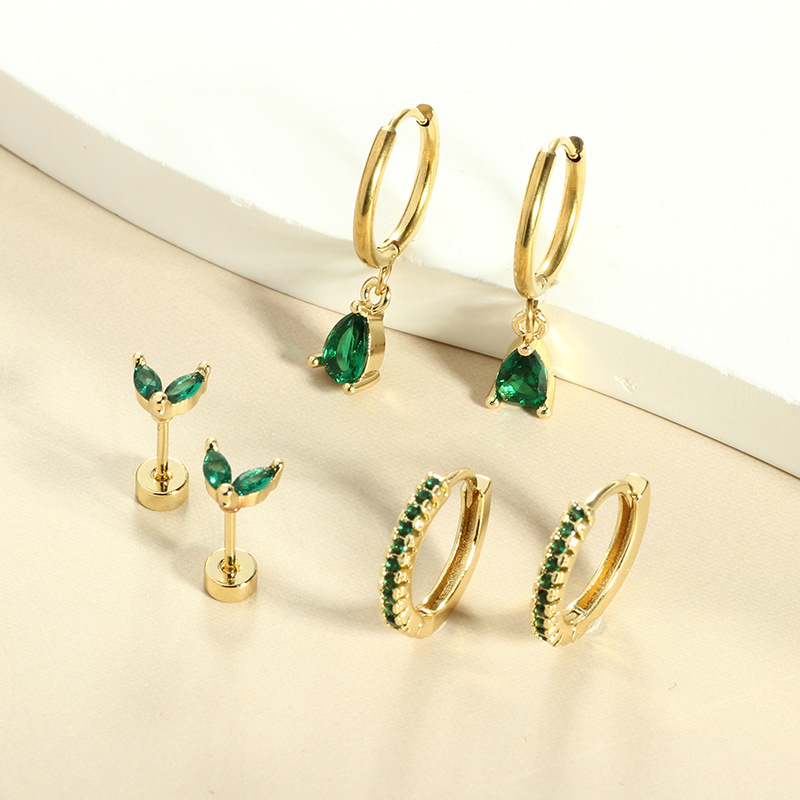 Green Zircon Star Earrings Stainless Steel Fashion Ear Piercing Jewelry detail image 7