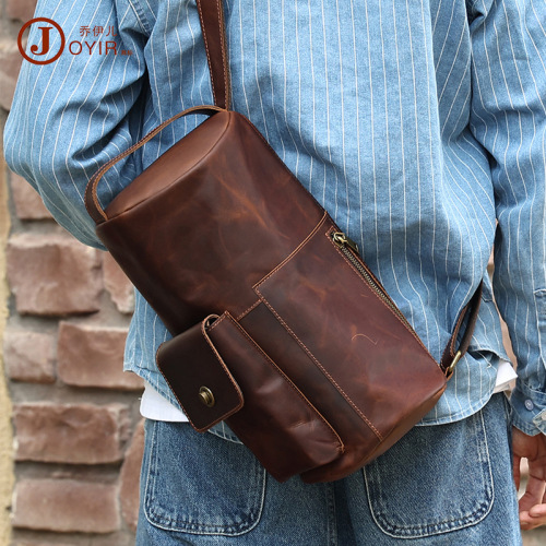  Crazy Horse Leather Retro Crossbody Bag Unique Fashion Trend Cylinder Bag Genuine Leather Crossbody Shoulder Bag Chest Bag Men's Bag