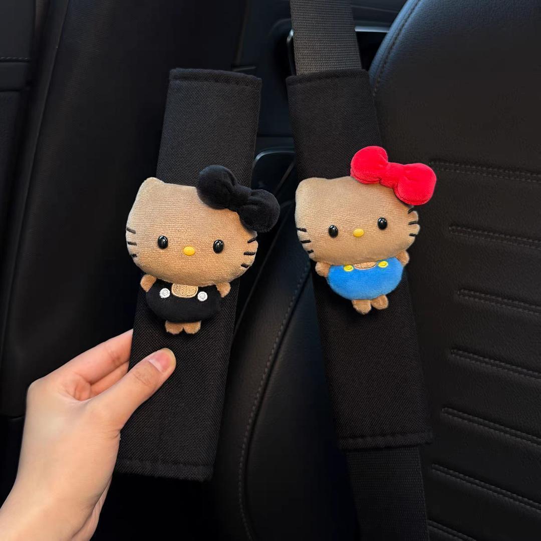 Black Leather Mini Hello Kitty Seatbelt Shoulder Pads, Cute Car Interior Accessories, New Car Gift