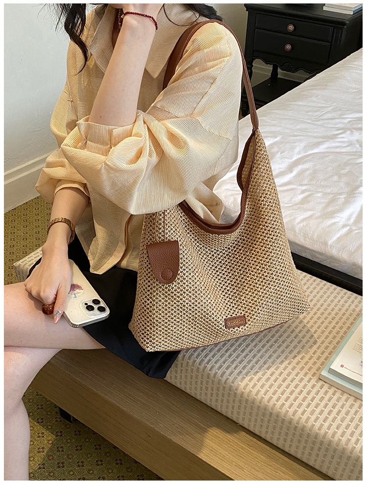 Gewebte Schultertasche Französischer Stil Gestreifte Strohtasche_voghion.com