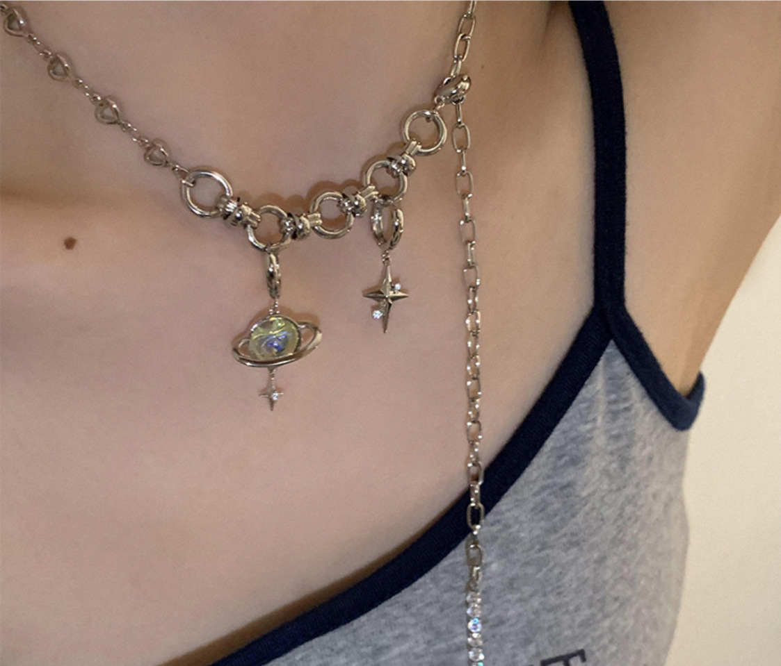 Streetwear Star Planet Titanium Steel Choker Inlay Artificial Gemstones Stainless Steel Necklaces