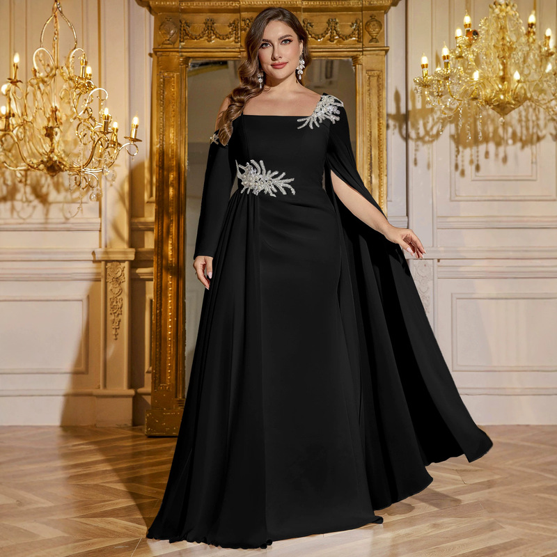 Foreign Trade European and American Women's Clothing Square Neck Solid Color Long-Sleeved Evening Dress Black Backless Dress Slit Evening Party Dress