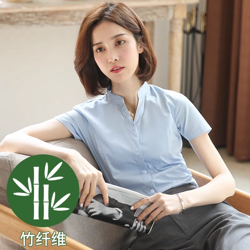 プロシャツレディース半袖Vネック竹繊維白シャツレディースハイエンド面接フォーマル作業服夏|undefined