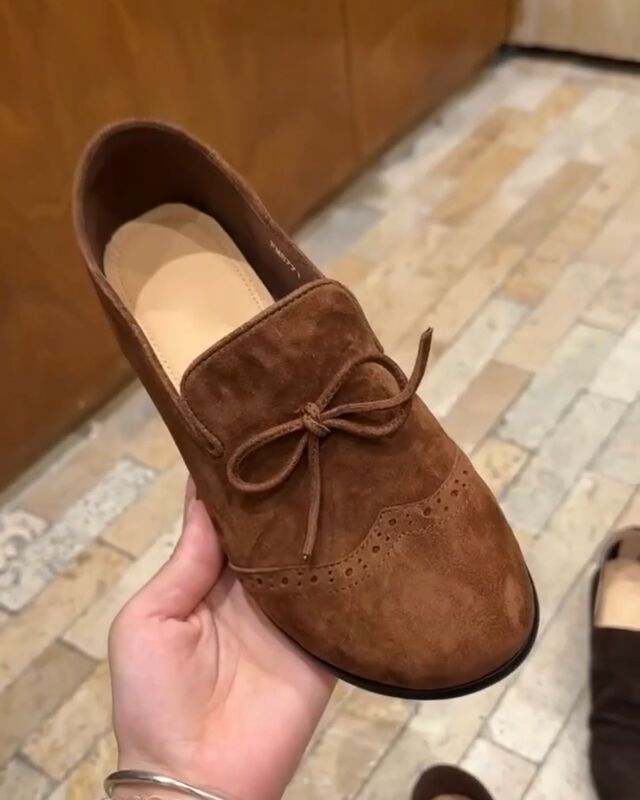 牛皮版~韩版真皮圆头平底小皮鞋女复古麂皮蝴蝶结布洛克单鞋女潮|undefined