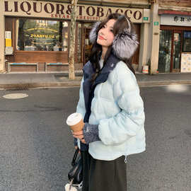 韩系针织拼接两面穿短款羽绒服外套女冬季2025新款设计时尚白鸭绒