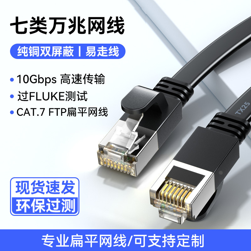 In-Stock Cat7 Ethernet Cable for Home Use, Pure Copper Flat Finished Patch Cord, Tested Network Cable