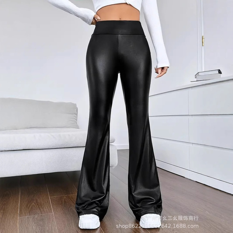 Women's Micro-Flared Leather Pants Tk Spring, Autumn and Winter High-Waisted Stretch Pants Tenu Sexy Tall Straight-Leg Floor-Length Pants