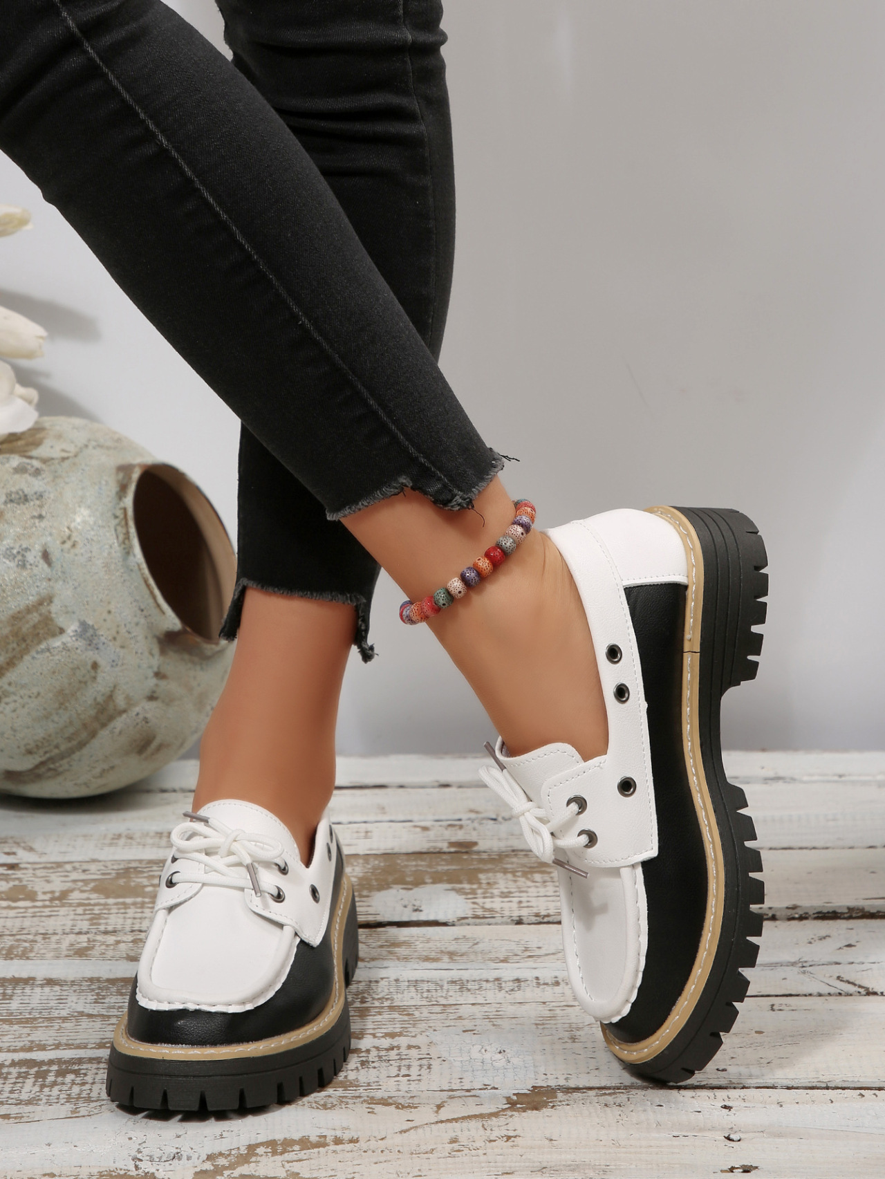 Women's Colour Block Loafers Lace Up Thick Sole Platform Shoes_voghion.com