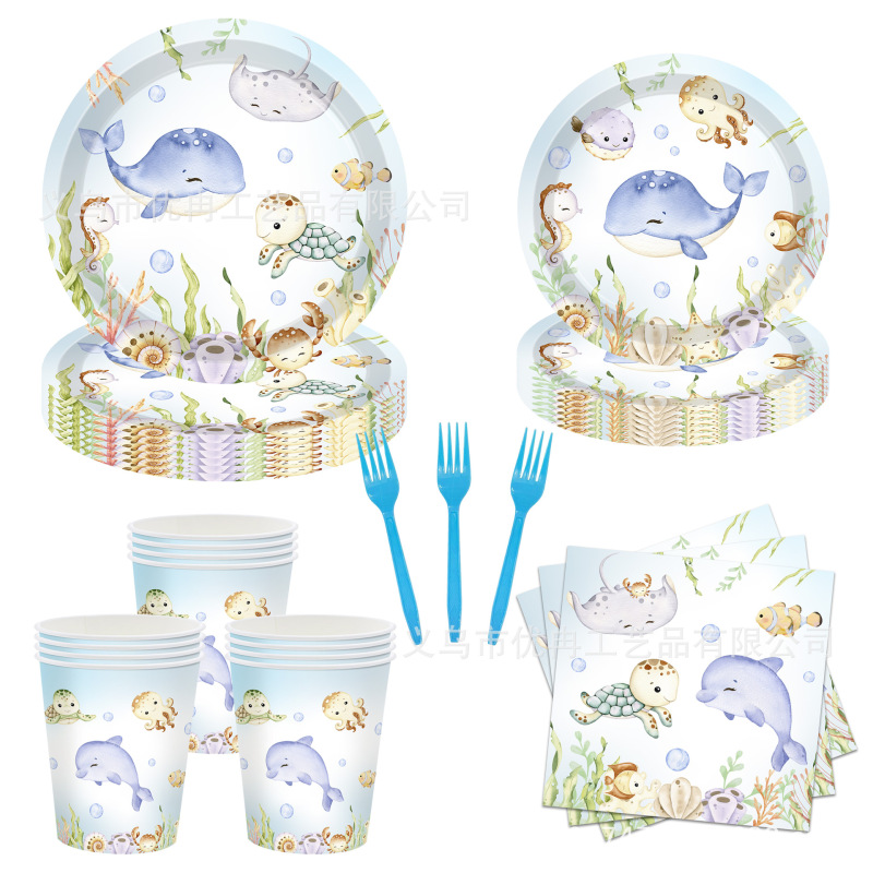 Watercolor Ocean Dolphin Animal Theme Disposable Tablecloth Paper Tray Paper Towel Birthday Party suit Arrangement Supplies