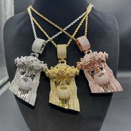 欧美跨境嘻哈玫瑰花头像锆石吊坠高级感流行饰品个性项链男士吊坠