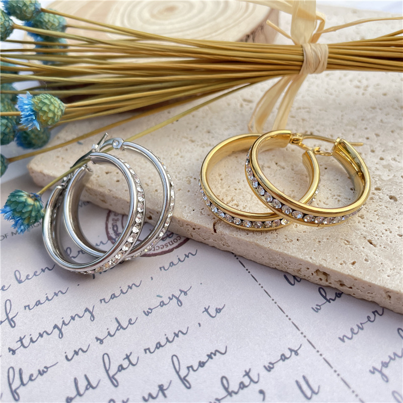 Fashion Round Stainless Steel Plating Rhinestones Earrings 1 Pair