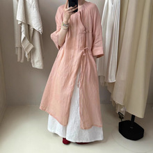 圆领斜襟排扣系带春夏新款宽松薄款苎麻文艺复古纯色女小众连衣裙