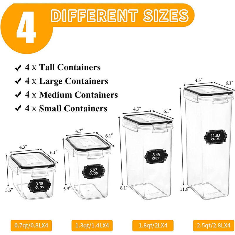 Fábrica en stock de 16 piezas de cocina doméstica de plástico sellado lata de granos caja de granos frescura alta permeabilidad PP sellado lata