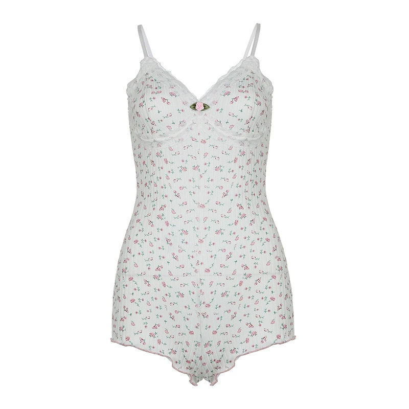 Sexy lace bodysuit, overall, pijama, french style, V-neckline, slim fit, floral print