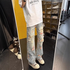 美式花卉破洞牛仔裤男夏季高街痞帅设计感裤子宽松直筒显瘦长裤