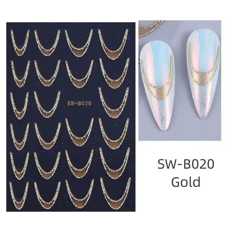 Polvo brillante gradiente pegatinas de uñas francesas ins viento oro y plata brillante azul rosa francés sonrisa pegatinas de uñas