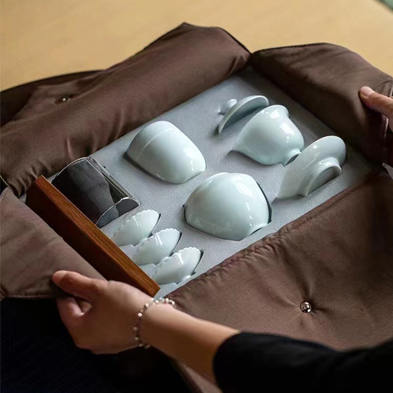 青白磁清雅芸教育セット屋外携帯包装陶磁器工夫茶わん旅行茶道具セット|undefined
