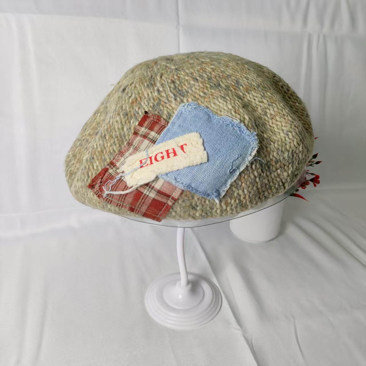 Japanischer Retro Patchwork Strickbarett Damen Herbst Winter_voghion.com