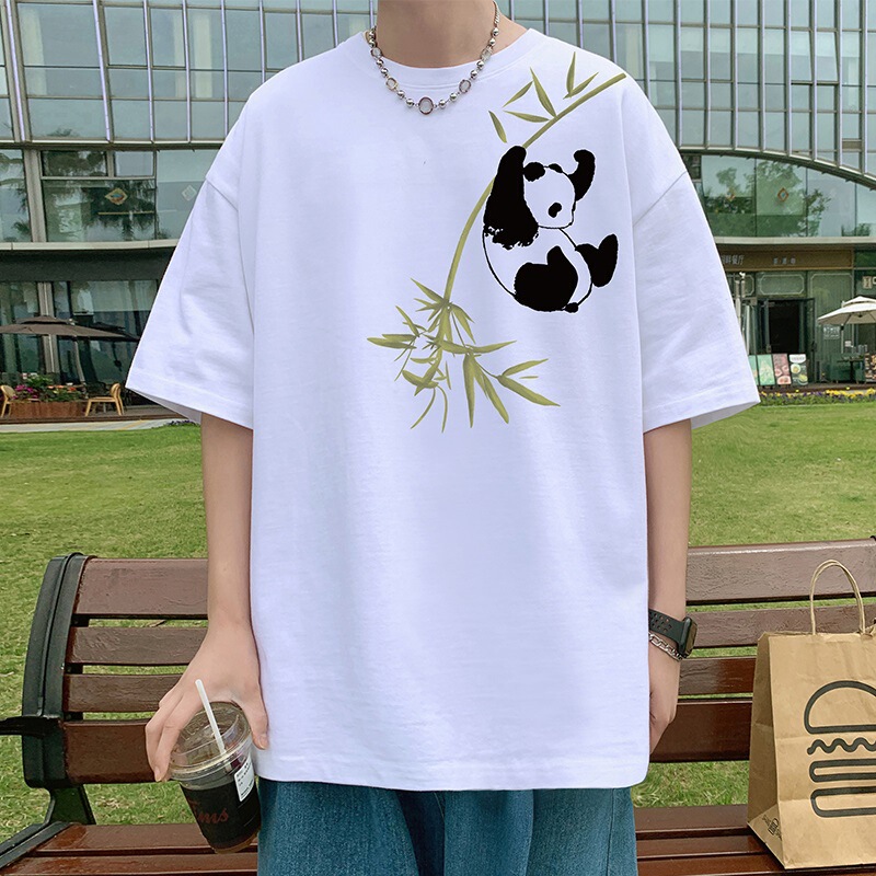 Short-sleeved T-shirt Men's Summer New Cotton Loose Round Neck Half-sleeved Sports Top Cartoon Panda Men's T-shirt