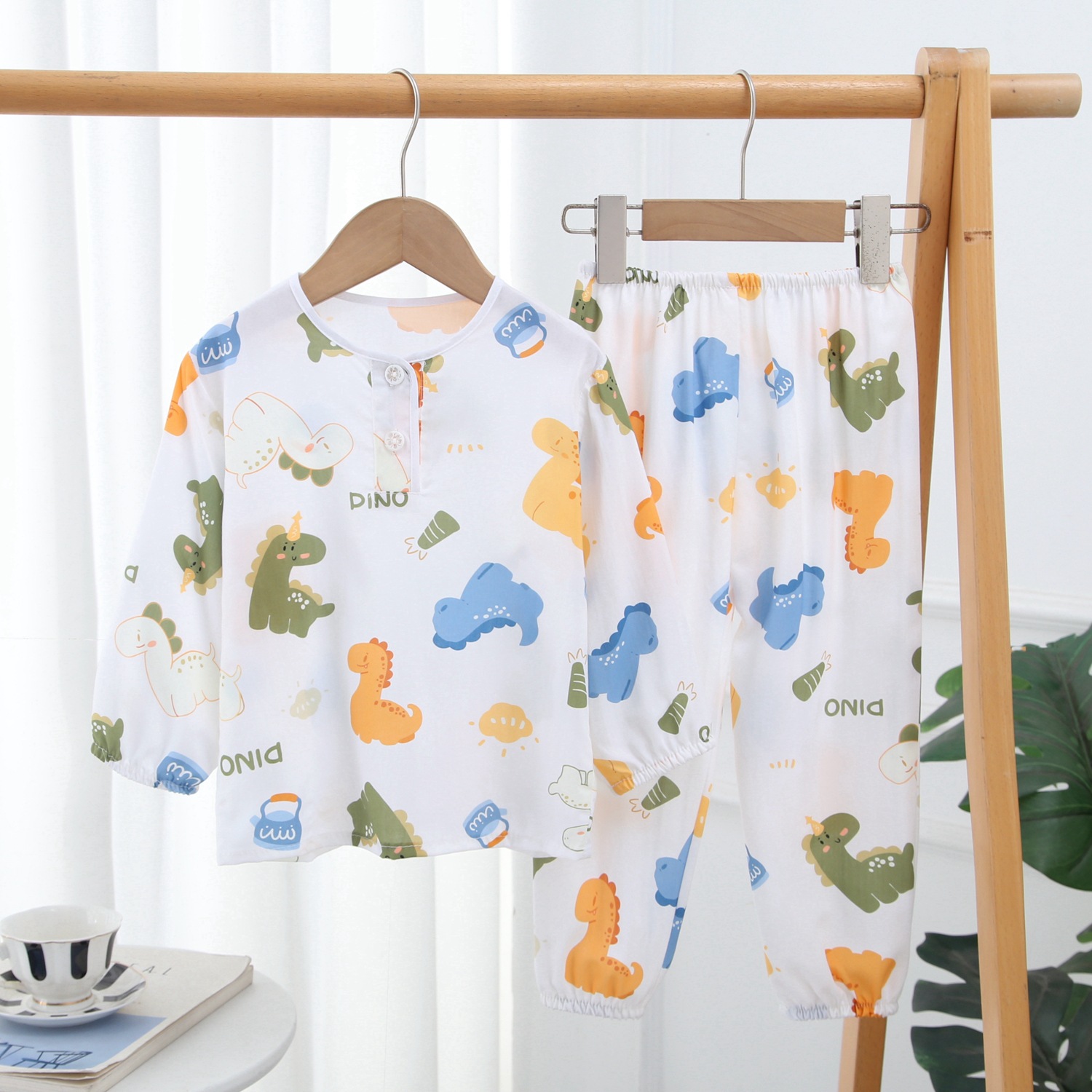 Spring and Summer Children's Cotton Silk Long-sleeved Pajamas Boys and Girls Cotton Silk Bundle Anti-mosquito Air Conditioning Home Clothes Oriental Silk Suit