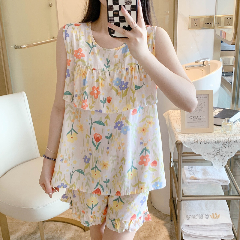 Anti-bump Pajamas Women's Suit Summer Thin Cotton Silk Vest Shorts Sleeveless suit Cotton Silk Small Family Clothes