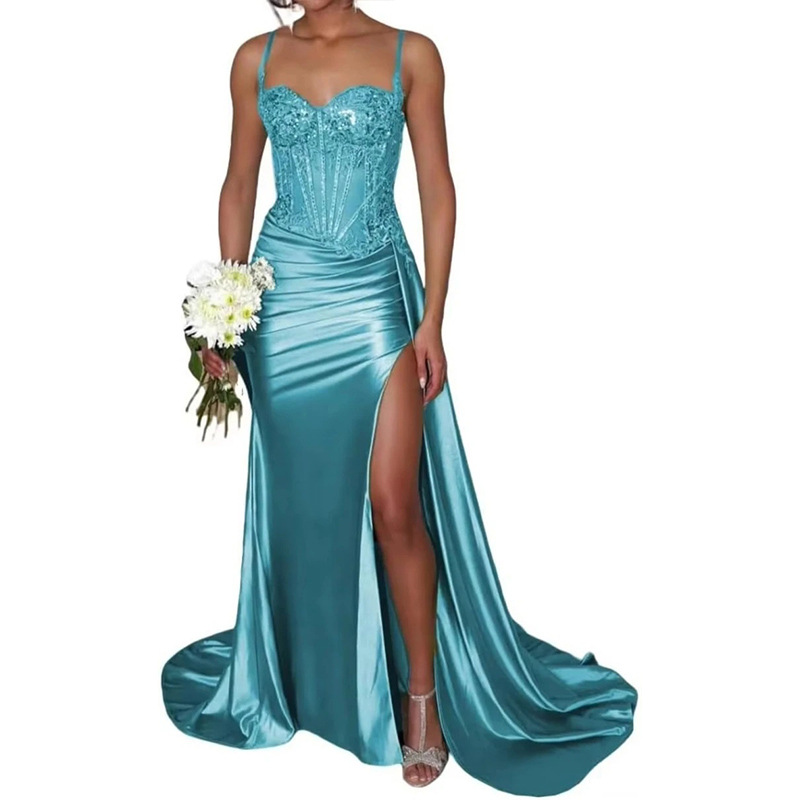 Vestido de noche sexy dividido de satén Vestido largo de tubo transfronterizo europeo y americano con cintura de espina de pescado Vestido delgado Falda larga image 10