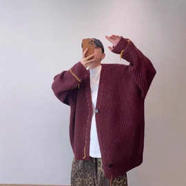 毛衣外套男2024秋冬保暖宽松慵懒风针织衫美式休闲v领开衫毛线衣