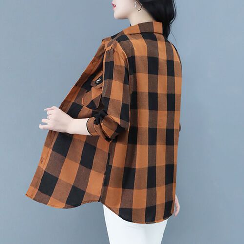 Women's Long Sleeve Spring and Autumn Shirt, Mother Grid Stylish Fashion Large Women's Shirt, Summer Thin Outerwear