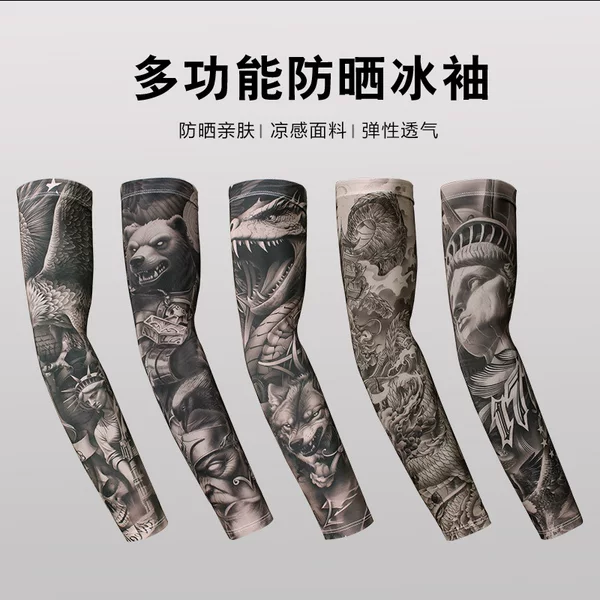 Cross-Border Men's Summer Outdoor Sports Cycling Motorcycle Flower Arm Ice Silk Sunscreen Sleeves Ice Sleeve Arm Tattoo Sleeves