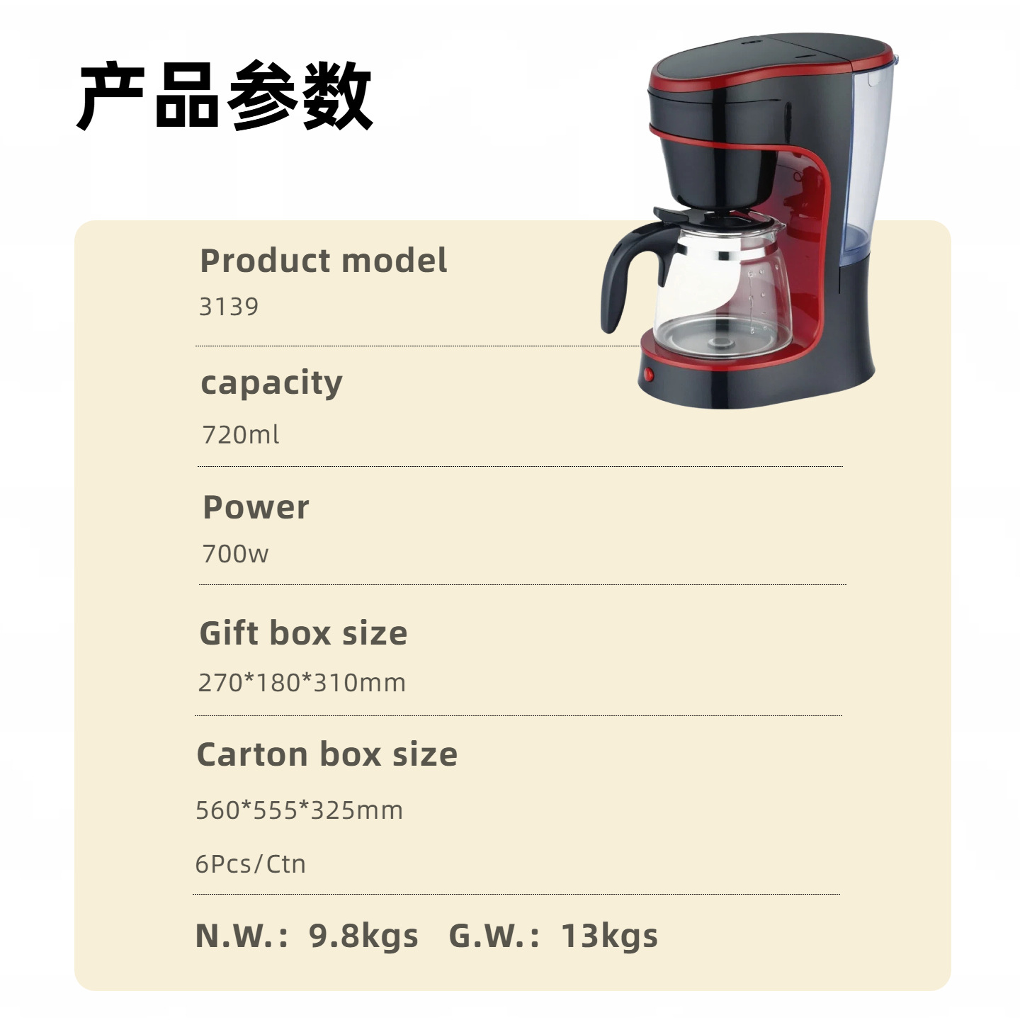 Máquina de café manual 720ml transfronteriza al por mayor cafetera doméstica cafetera de goteo automática americana