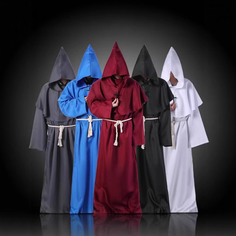 Cross-Border Halloween Cosplay Medieval Cloak Monk Costume Wizard Monk Costume Priest Robe with Hood