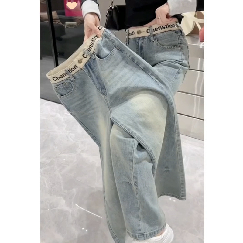 女性用ストレートジーンズ2025新作夏スリムフィットハイモップパンツ大きいサイズハイウエスト肉をカバーするワイドレッグパンツ|undefined