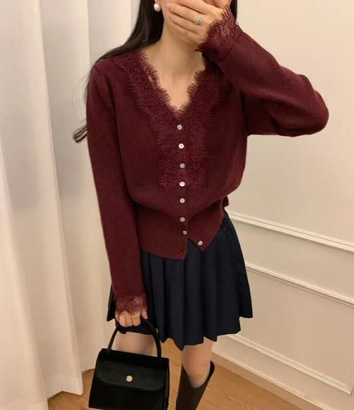 法式蕾丝毛衣女秋冬2025新款时尚气质设计感长袖针织衫打底衫上衣|undefined