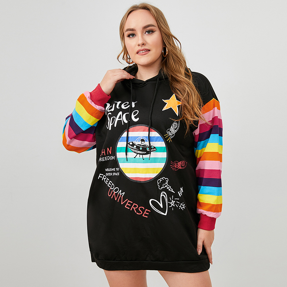 Plus Size Long-Sleeved Cartoon Print Mid-Length Hoodie NSWCJ112369