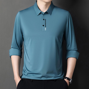 Factory Straight Hair Spring and Autumn Men's Long-sleeved Traceless T-shirt Middle-aged Business Casual Printed Ice Silk Lapel Polo Shirt