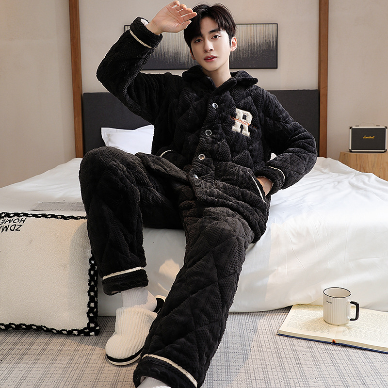 Winter men's pajamas flannel padded three-layer cotton-padded clothes men's pajamas classic cardigan home clothes long sleeve suit variety